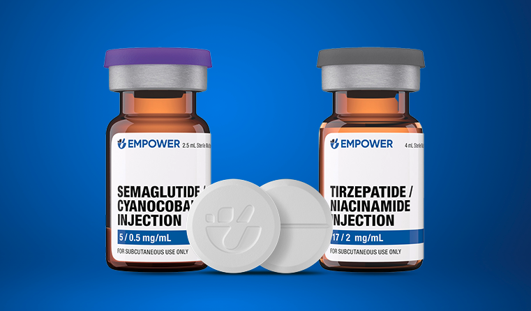Two medication bottles and in front of them two pills one with the empower logo